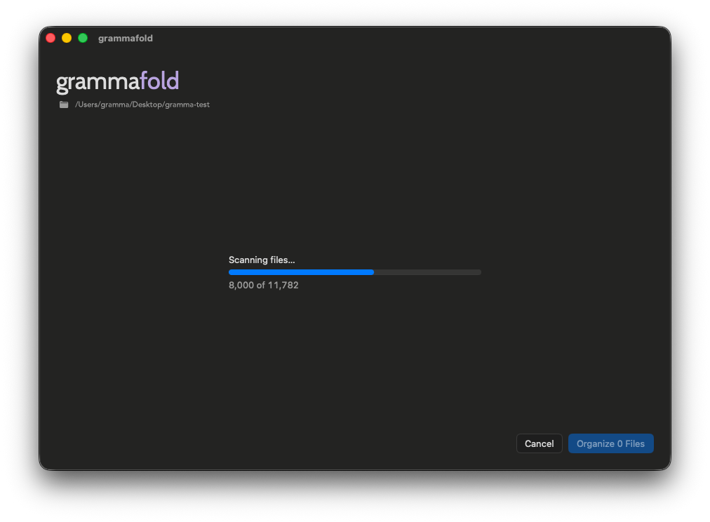 Grámmafold scanning a folder with a progress bar