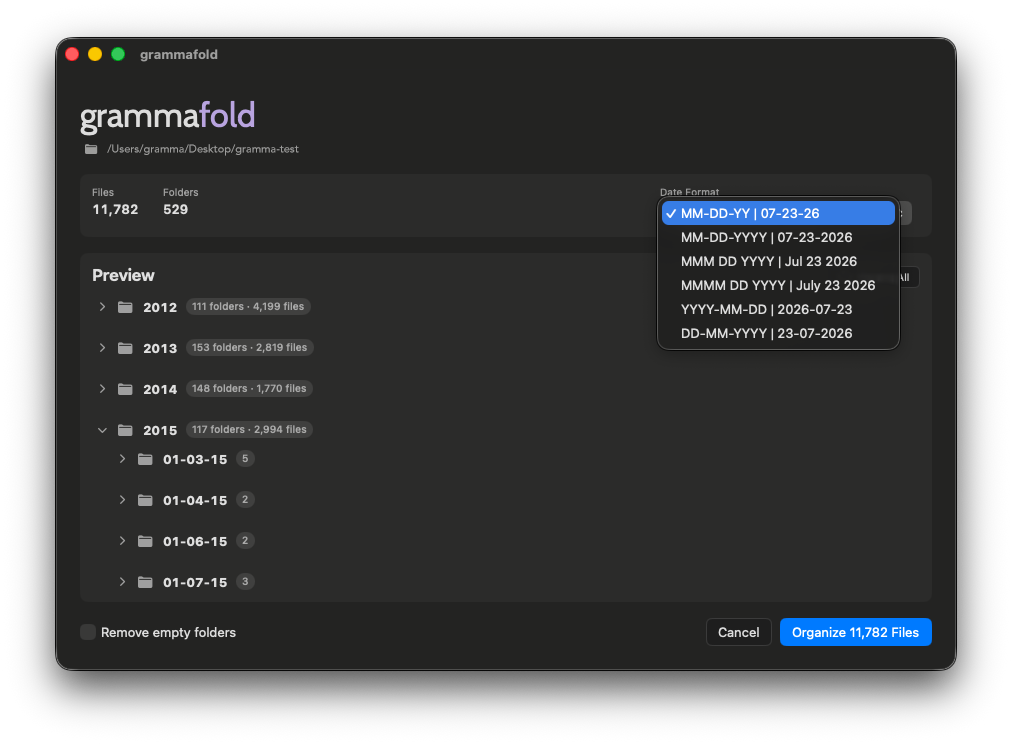 Grámmafold preview with date format picker showing files organized by year