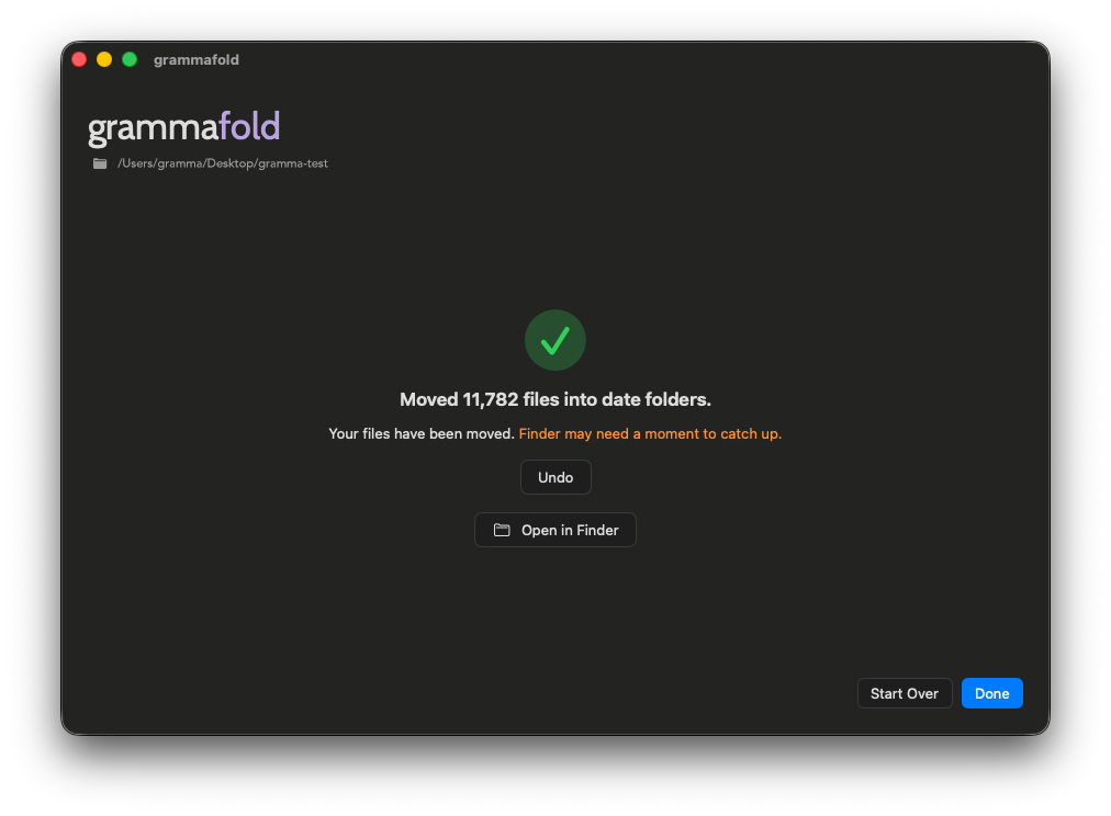 Grámmafold success screen with an option to undo